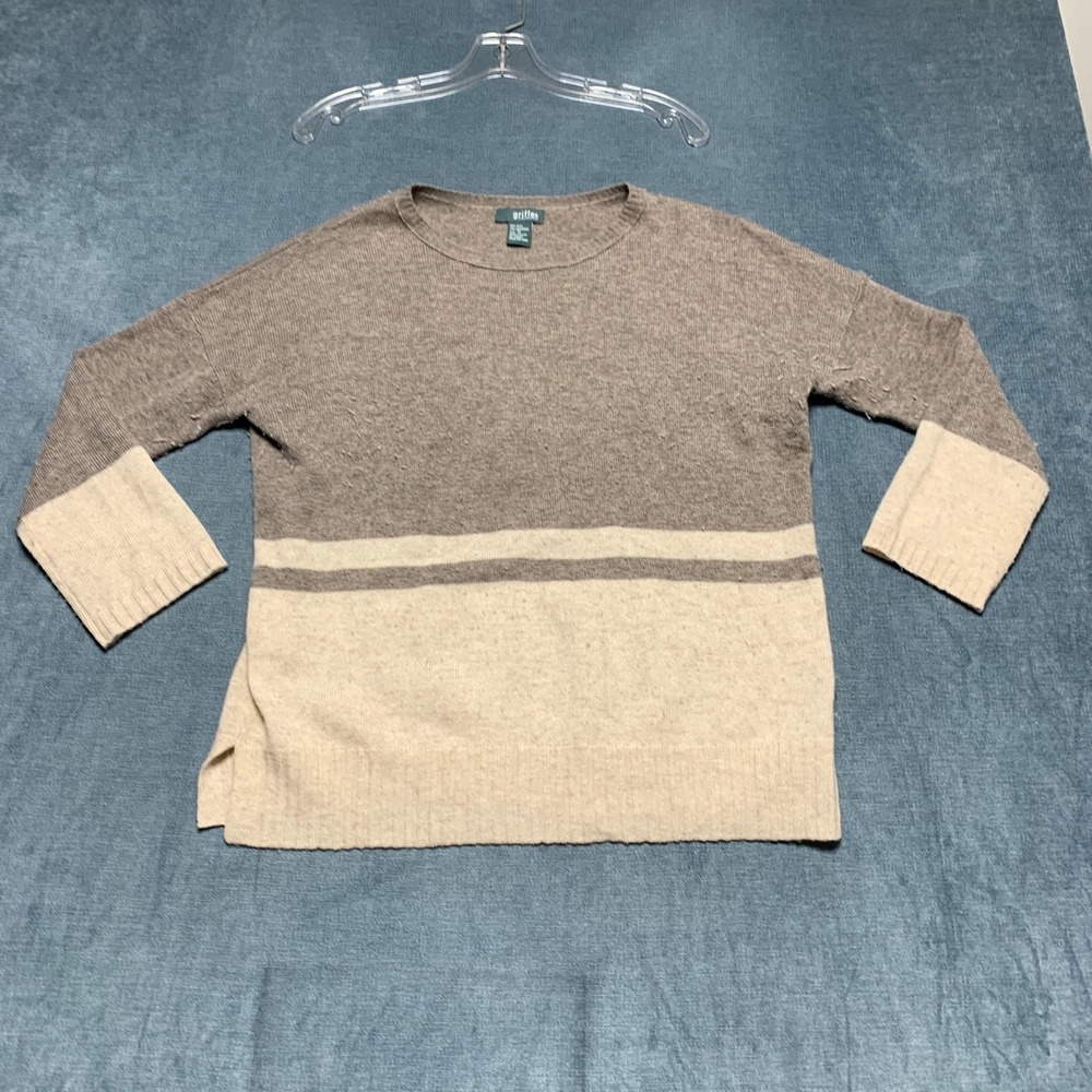 Griffen Cashmere Sweater Women Medium Grey Beige Colorblock Long Sleeve Pullover